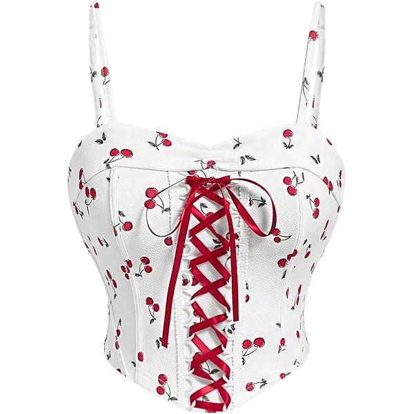 SHENHE Women's Y2k Cherry Print Top Tie Halter Neck V Neck